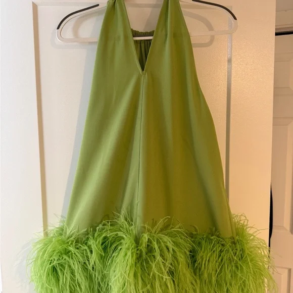 green emerald velvet dress Feather Trim Mini Dress Long Sleeve Cocktail Party Dress